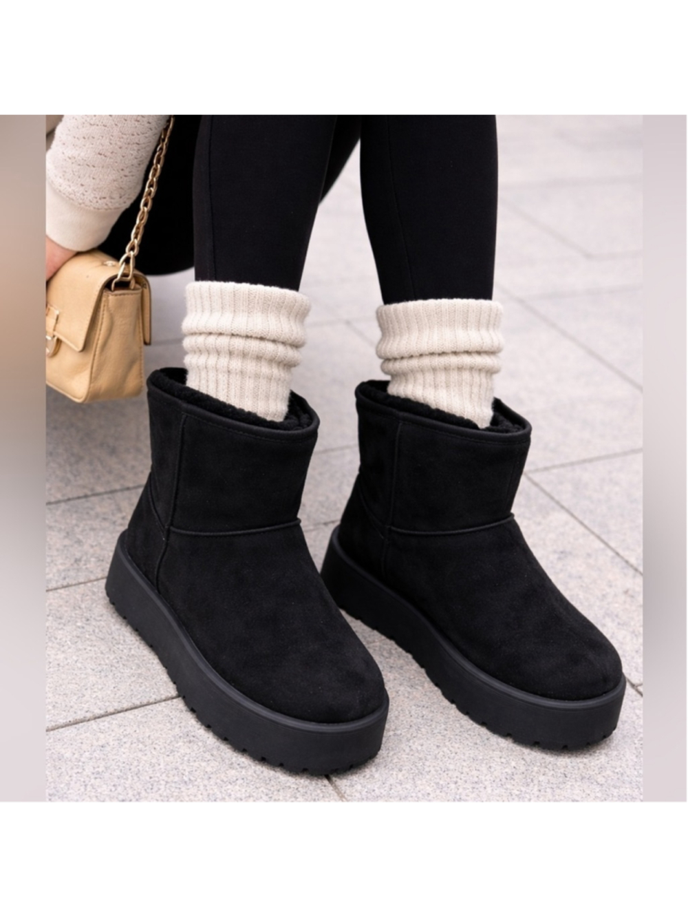 Women's Furry Faux Suede Ankle Platform Booties Black Size 10 New